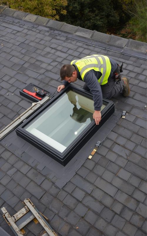 A roofer fixing a skylight